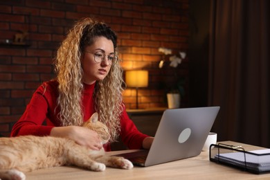 Photo of Woman working with laptop and stroking cat at desk in home office
