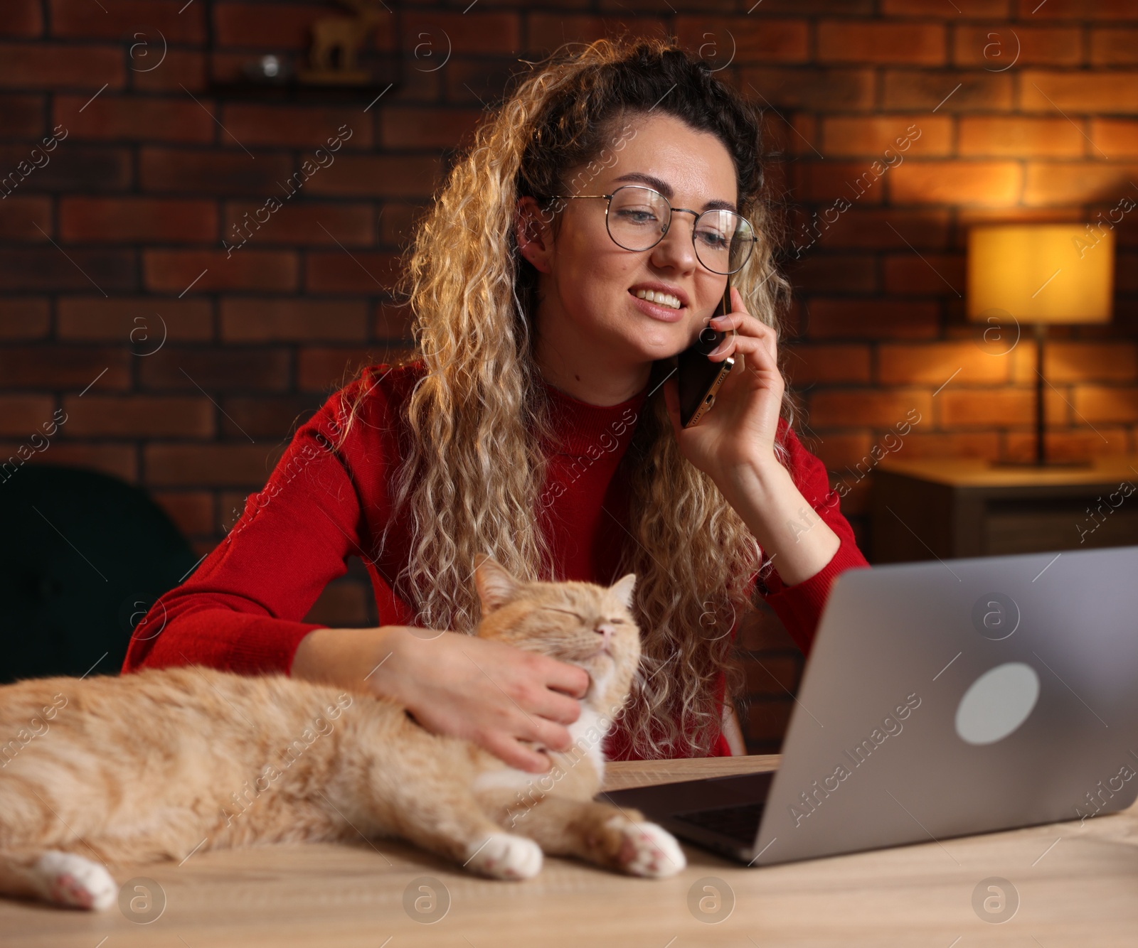 Smiling woman talking by smartphone and stroking cat at desk in home office Photo of Smiling woman talking by smartphone and stroking cat at desk in home office