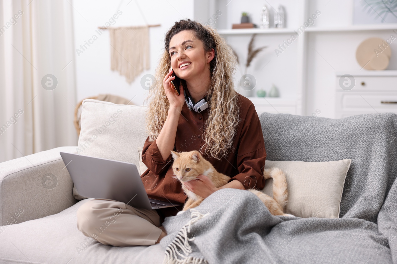 Smiling woman talking by smartphone with laptop and cat on sofa in home office Photo of Smiling woman talking by smartphone with laptop and cat on sofa in home office
