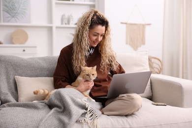 Photo of Smiling woman working with laptop and cat on sofa in home office