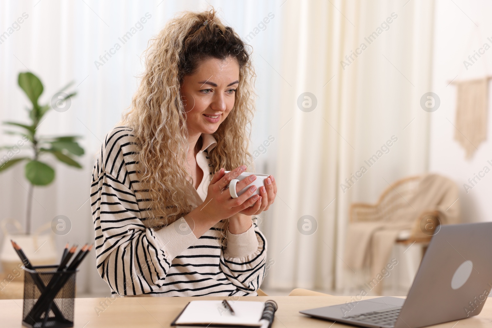 Smiling woman working with laptop at desk in home office Photo of Smiling woman working with laptop at desk in home office