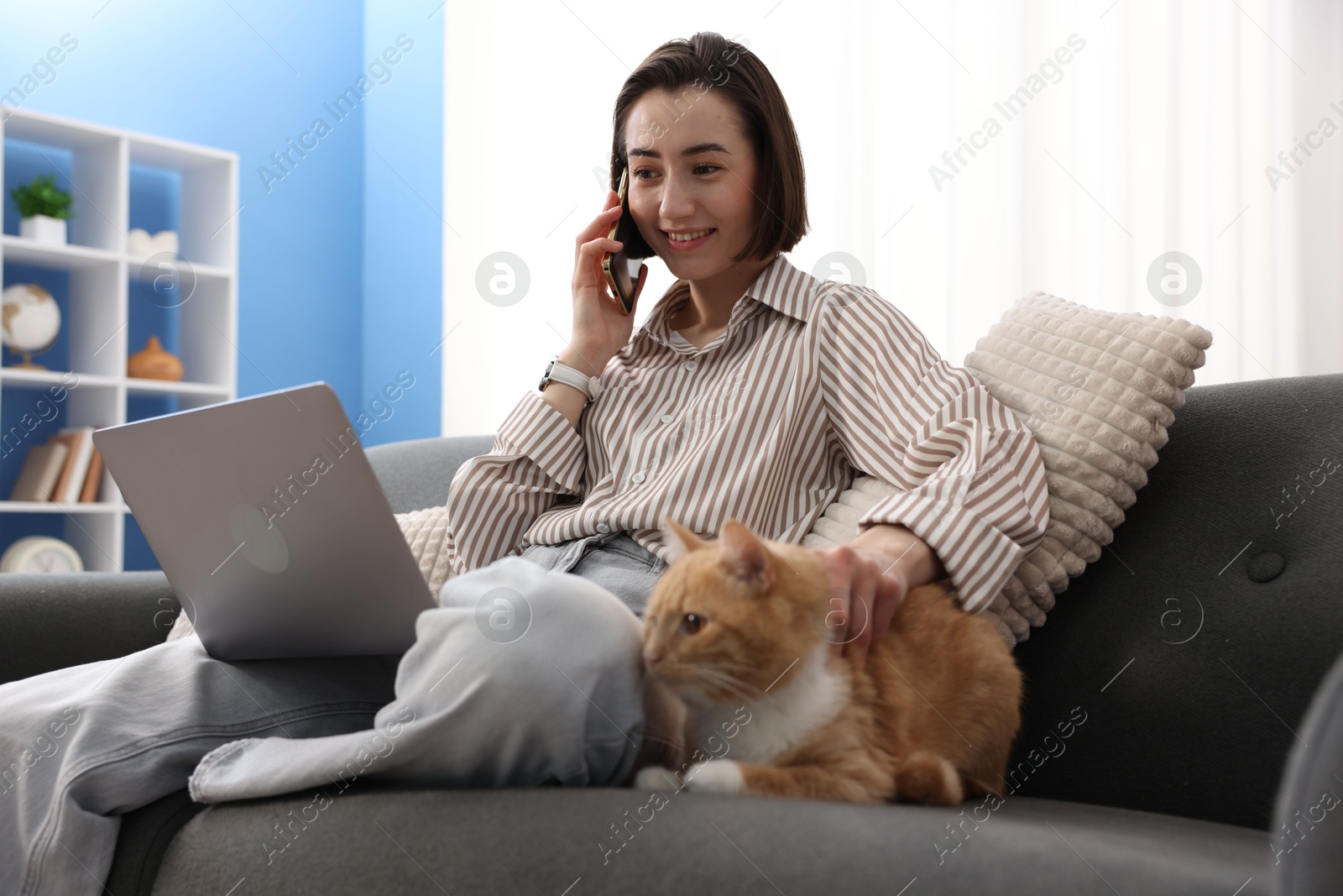 Smiling woman talking by smartphone with laptop and cat on sofa in home office, low angle view Photo of Smiling woman talking by smartphone with laptop and cat on sofa in home office, low angle view