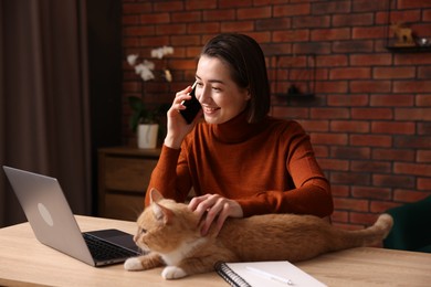 Photo of Smiling woman talking by smartphone and stroking cat at desk in home office