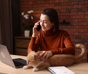 Photo of Smiling woman talking by smartphone and stroking cat at desk in home office