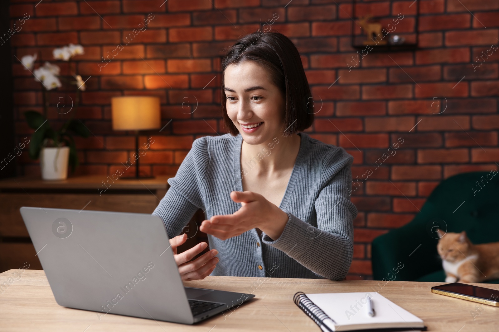 Smiling woman having videochat by laptop at desk in home office Photo of Smiling woman having videochat by laptop at desk in home office