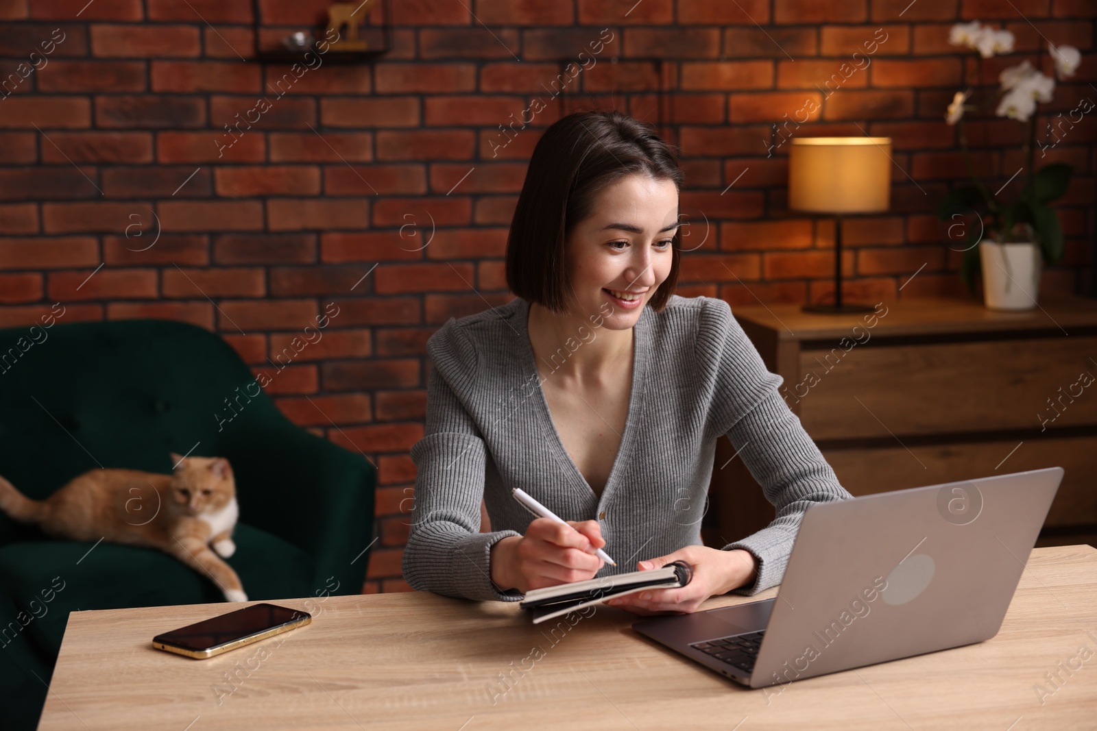 Smiling woman having videochat by laptop at desk in home office Photo of Smiling woman having videochat by laptop at desk in home office
