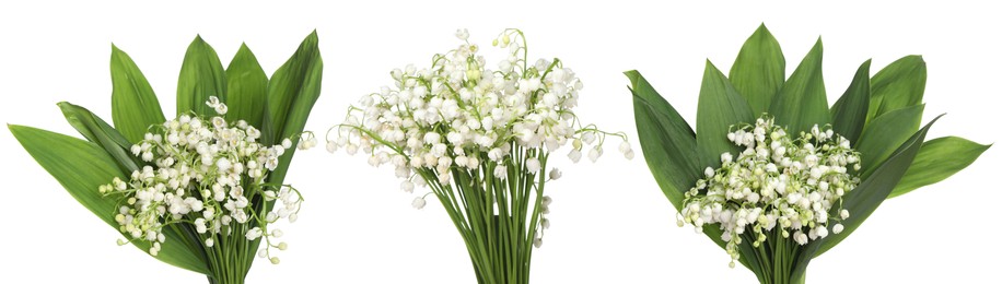 Image of Bouquets of lily of the valley flowers isolated on white, set