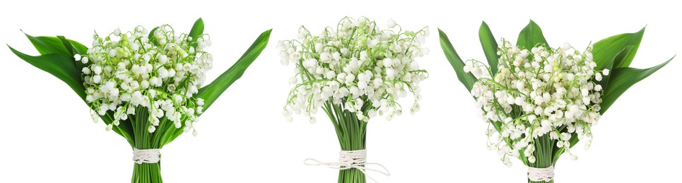Image of Bouquets of lily of the valley flowers isolated on white, set