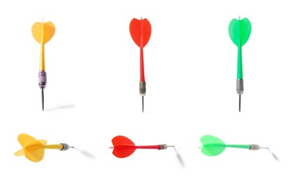 Image of Darts in different colors on white background, set