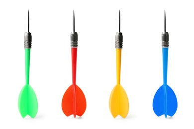 Image of Darts in different colors on white background, set
