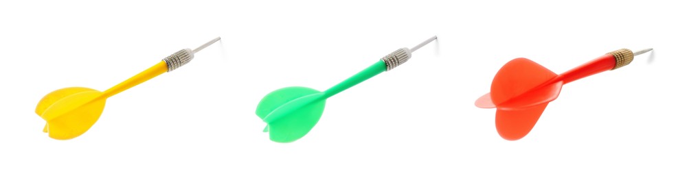 Image of Darts in different colors on white background, set