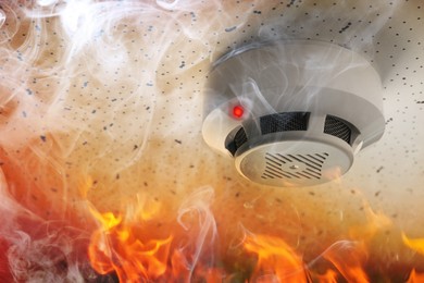 Image of Fire alarm system. Detector on ceiling triggered by smoke and flame
