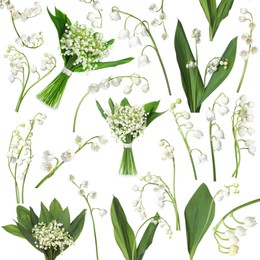 Image of Beautiful lily of the valley flowers isolated on white, collage