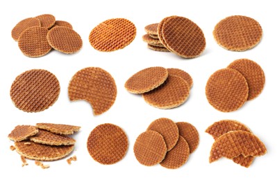 Image of Yummy Dutch waffles isolated on white, set