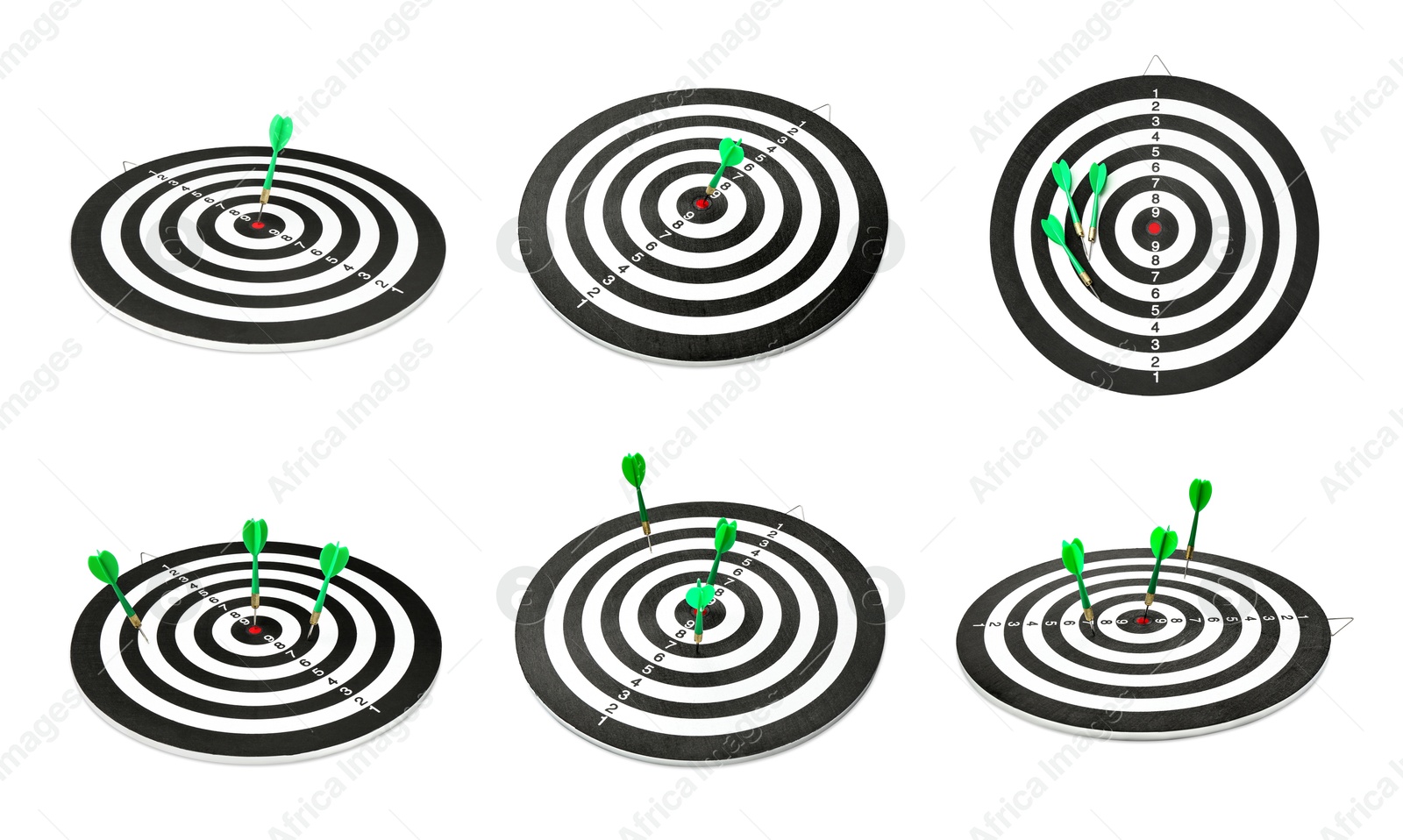 Dartboards with darts isolated on white, collage Image of Dartboards with darts isolated on white, collage