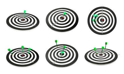 Image of Dartboards with darts isolated on white, collage