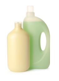 Photo of Bottles of fabric softener isolated on white