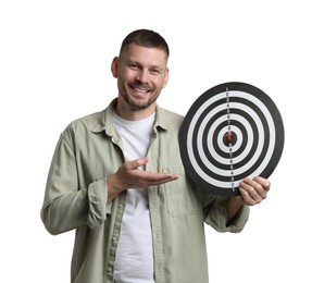 Photo of Targeting. Man with dart board and arrow on white background