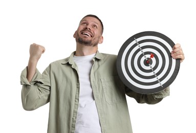 Photo of Targeting. Man with dart board and arrow on white background