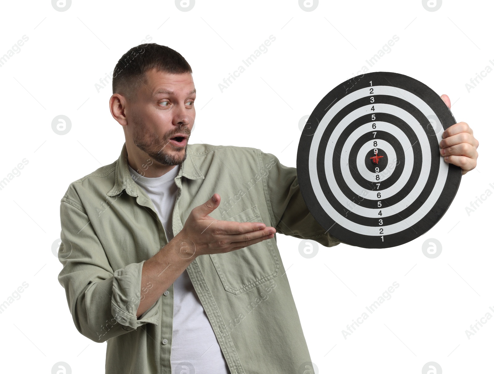 Targeting. Man with dart board and arrow on white background Photo of Targeting. Man with dart board and arrow on white background