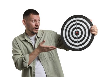 Photo of Targeting. Man with dart board and arrow on white background
