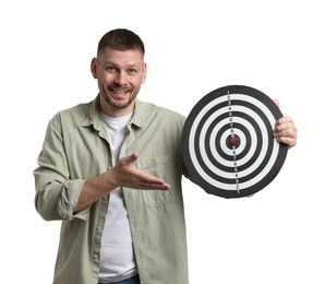Photo of Targeting. Man with dart board and arrow on white background