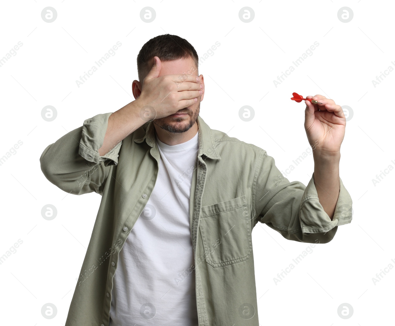 Targeting. Man with dart covering eyes on white background Photo of Targeting. Man with dart covering eyes on white background
