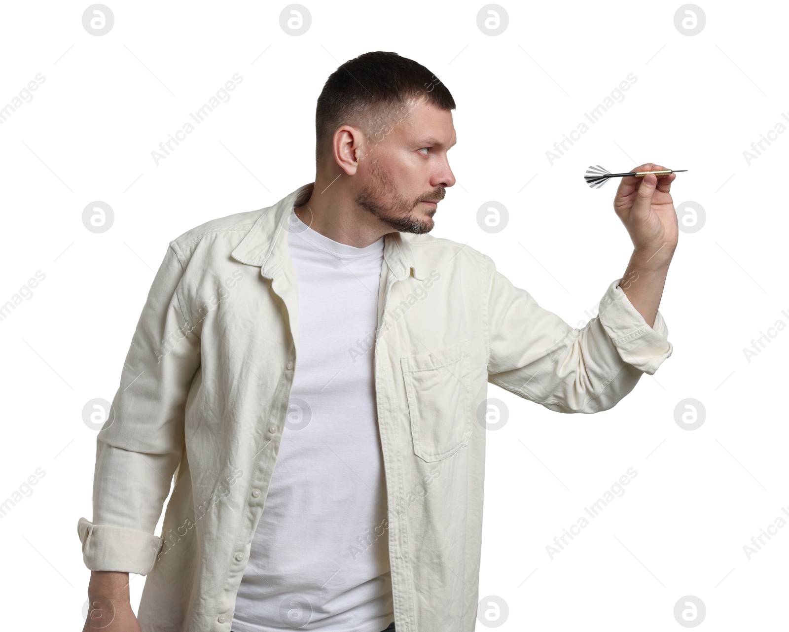 Targeting. Man with dart aiming on white background Photo of Targeting. Man with dart aiming on white background
