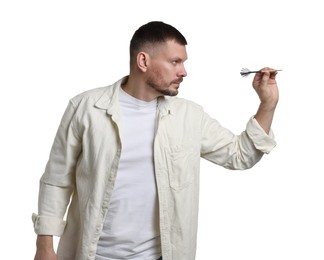Photo of Targeting. Man with dart aiming on white background