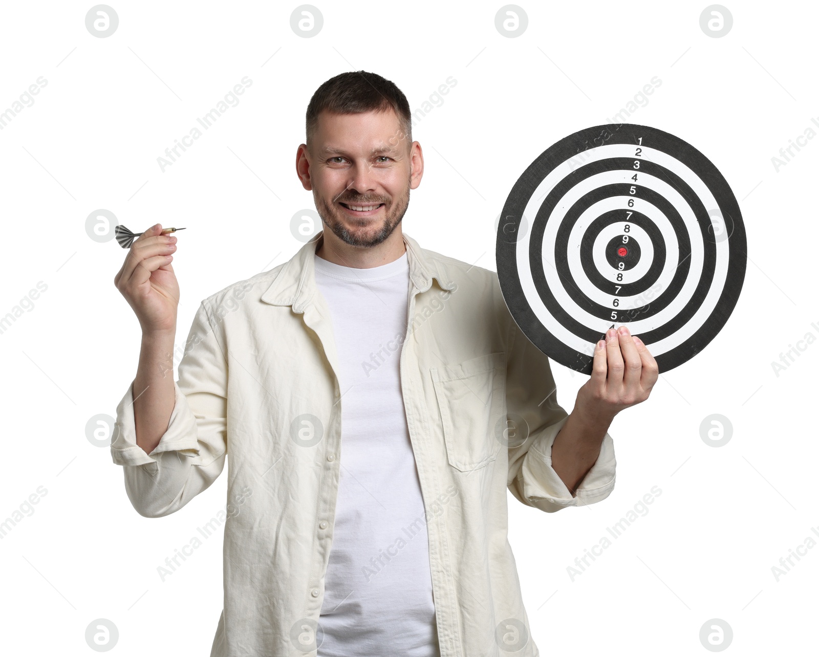 Targeting. Man with dart board and arrow on white background Photo of Targeting. Man with dart board and arrow on white background