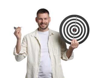 Photo of Targeting. Man with dart board and arrow on white background