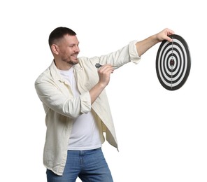 Photo of Targeting. Man with dart board and arrow on white background
