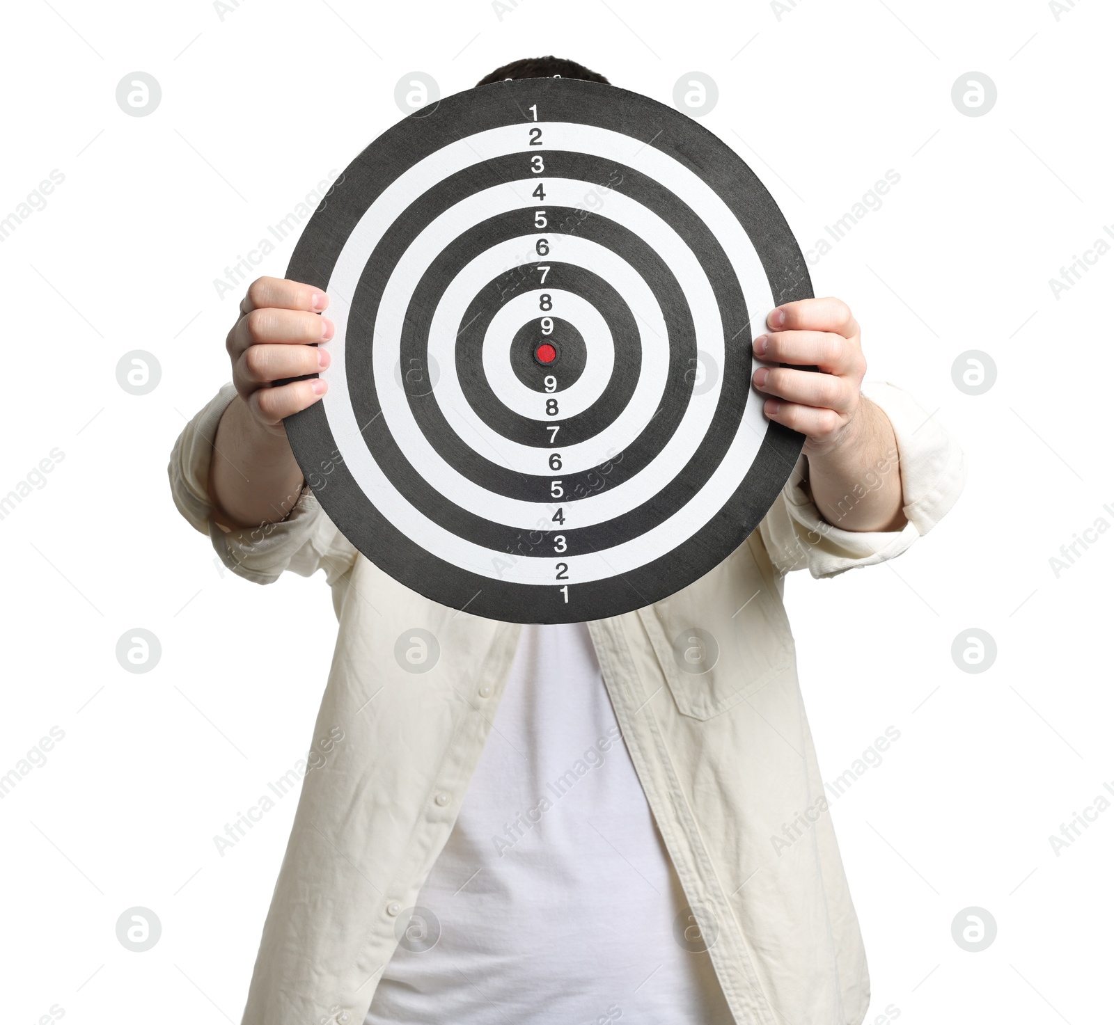 Targeting. Man with dart board on white background Photo of Targeting. Man with dart board on white background