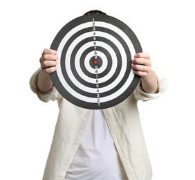 Photo of Targeting. Man with dart board on white background