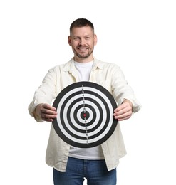 Photo of Targeting. Man with dart board on white background