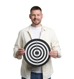 Photo of Targeting. Man with dart board on white background