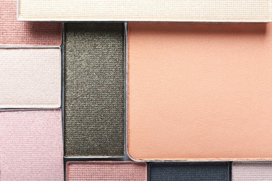Photo of Beautiful eye shadow refill pans as background, top view