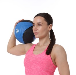 Photo of Woman with medicine ball on white background