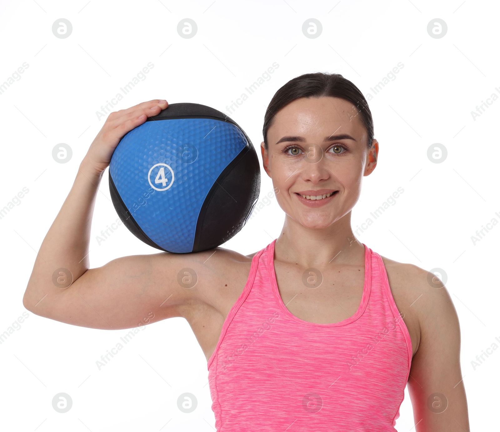 Woman with medicine ball on white background Photo of Woman with medicine ball on white background