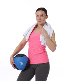 Photo of Woman with medicine ball and towel on white background