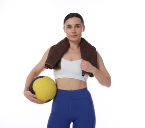 Photo of Woman with medicine ball on white background