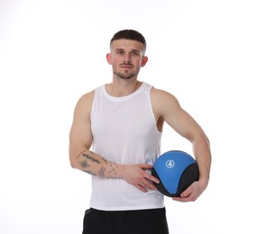 Photo of Man exercising with medicine ball on white background