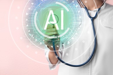 Illustration of Doctor touching with stethoscope virtual screen against white background, closeup. Artificial intelligence in medicine