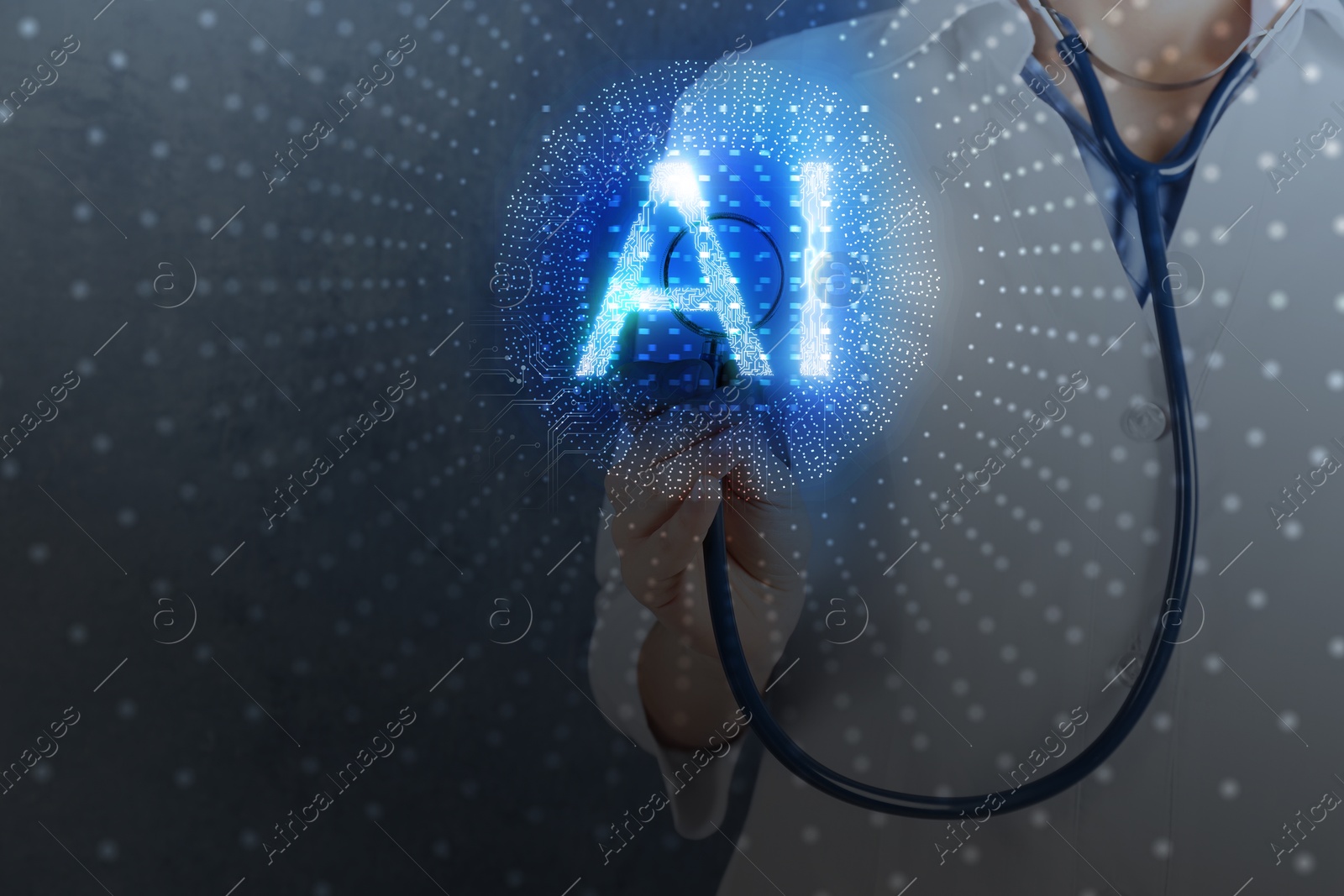 Doctor touching with stethoscope virtual screen against dark background, closeup. Artificial intelligence in medicine Illustration of Doctor touching with stethoscope virtual screen against dark background, closeup. Artificial intelligence in medicine