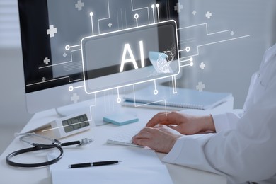 Illustration of Doctor using computer with AI virtual screen at table, closeup. Artificial intelligence in medicine