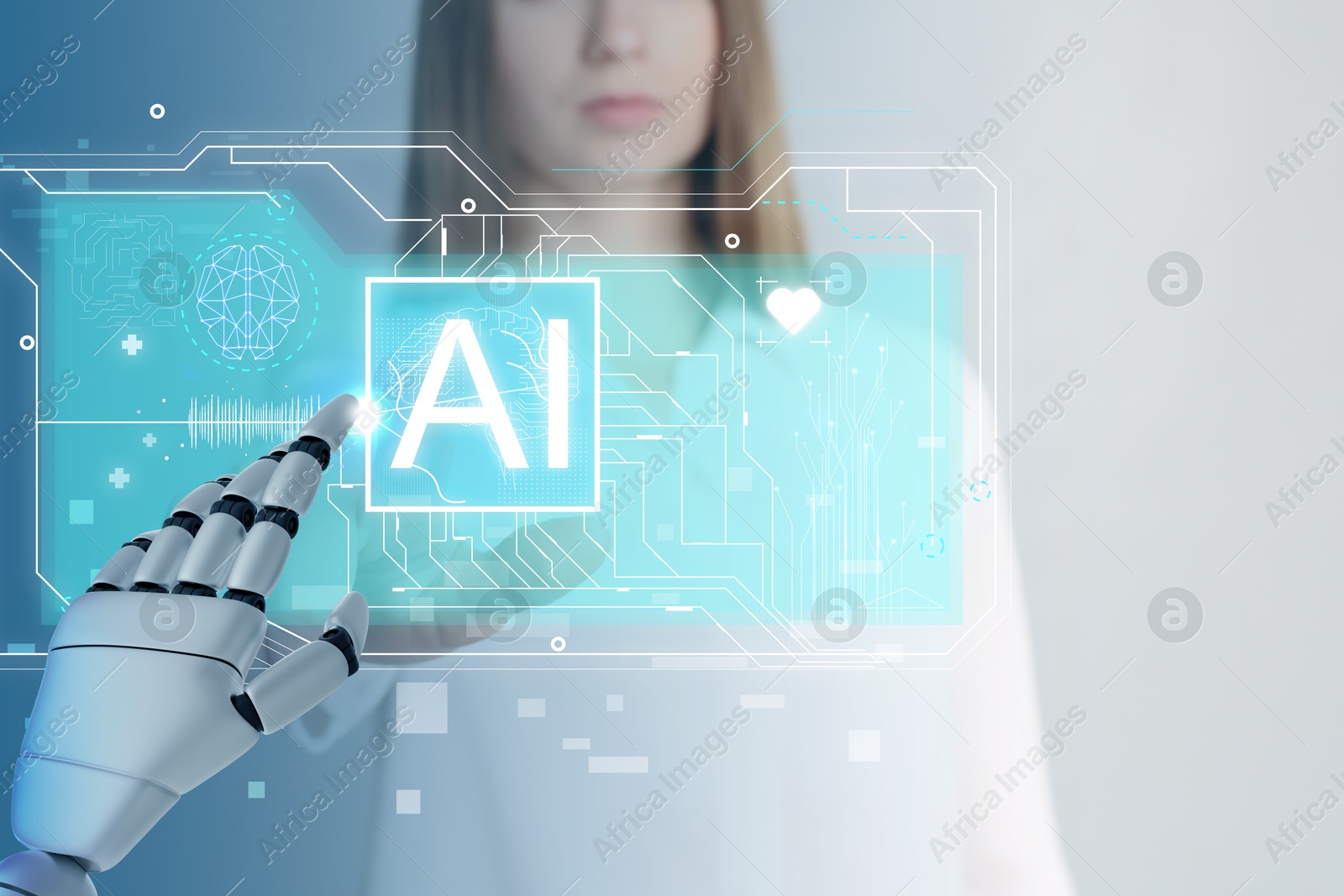 Robot hand and doctor using AI virtual screen against color background, closeup. Artificial intelligence in medicine Illustration of Robot hand and doctor using AI virtual screen against color background, closeup. Artificial intelligence in medicine