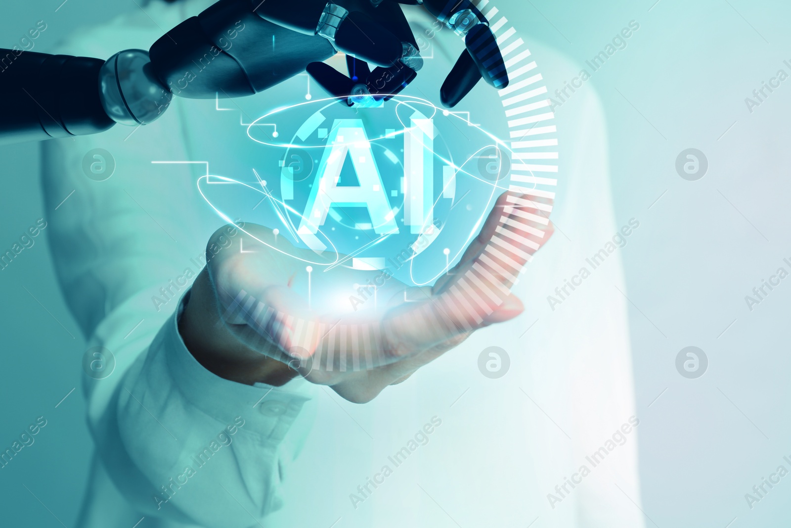 Robot hand and doctor with virtual AI abbreviation against background, closeup. Artificial intelligence in medicine Illustration of Robot hand and doctor with virtual AI abbreviation against background, closeup. Artificial intelligence in medicine