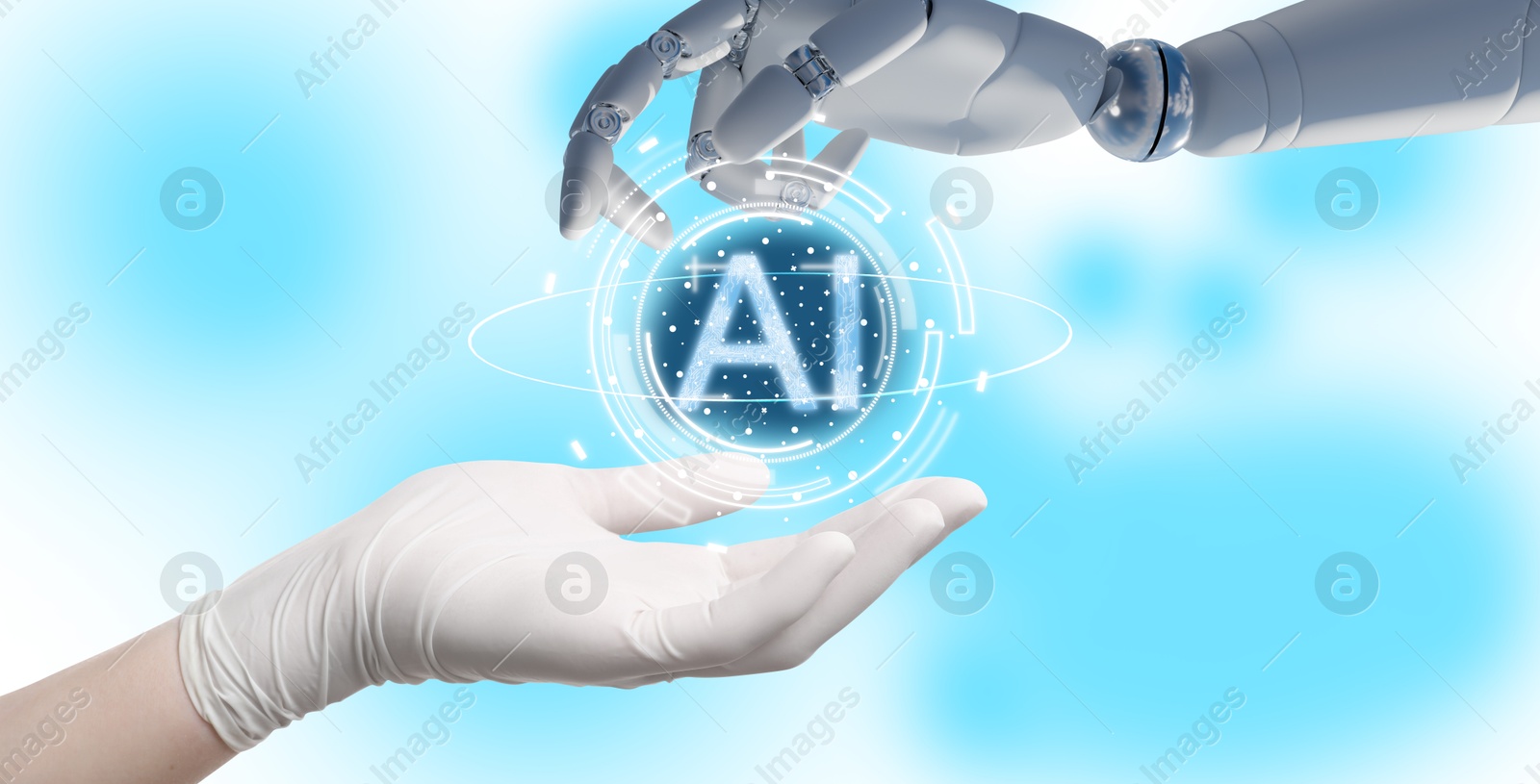 Robot hand and doctor with virtual AI abbreviation against color background, closeup. Artificial intelligence in medicine Illustration of Robot hand and doctor with virtual AI abbreviation against color background, closeup. Artificial intelligence in medicine