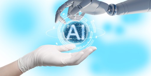 Illustration of Robot hand and doctor with virtual AI abbreviation against color background, closeup. Artificial intelligence in medicine