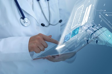 Illustration of Doctor using tablet computer, closeup. Robot hand touching virtual screen above device. Artificial intelligence in medicine